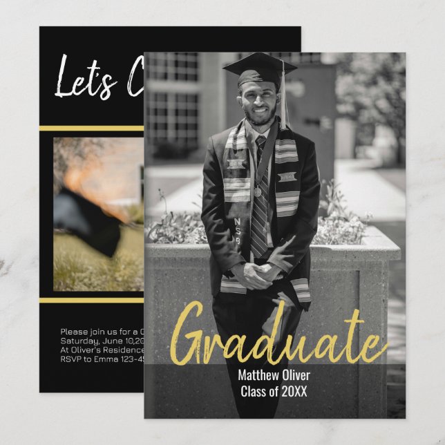 Modern Two Photo Black & Gold Graduation Invitation (Front/Back)