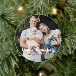 Modern two photo double sided custom text Hanukkah Ceramic Ornament