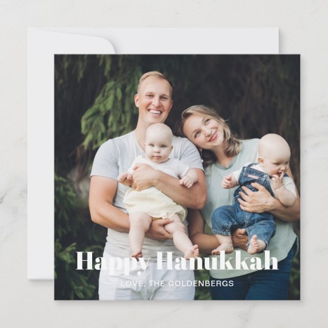 Modern two photo double sided custom text Hanukkah Holiday Card (Front)