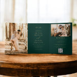 Modern Two Photo Gold Emerald Green Wedding Tri-Fold Invitation<br><div class="desc">Celebrate your love story with our Modern Two-Photo Wedding Tri-Fold Invitation. This sleek design combines timeless elegance with contemporary flair, featuring two cherished photos beautifully framed against a bold black backdrop. The tri-fold layout offers ample space for event details, ensuring clarity and sophistication. Printed on premium cardstock with crisp typography,...</div>