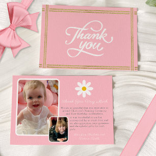 Modern Two Photo Pink White Gold Daisy Thank You Card