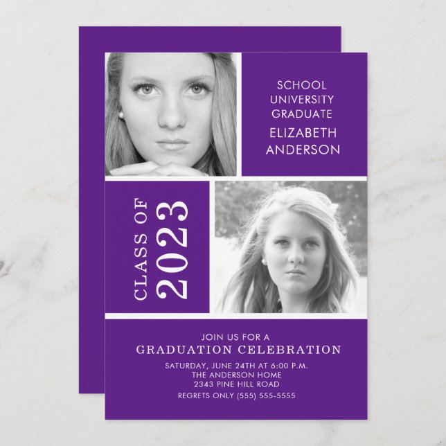 Modern Two Photo Purple Graduation Invitation (Front/Back)