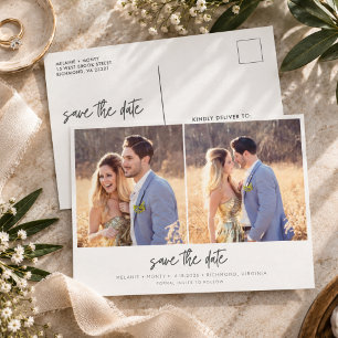 Modern Two Photo Script Wedding Save the Date Announcement Postcard