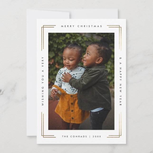 Modern Type Gold Frame Photo Christmas Holiday Card (Front)