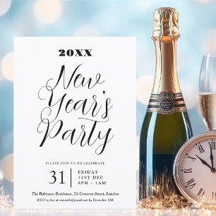 MODERN TYPE New Years Eve Party Black White Invitation