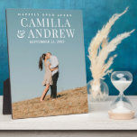 Modern Type Photo Wedding Keepsake Plaque<br><div class="desc">This wedding keepsake plaque features couple's wedding photo and modern type overlay type. Click the edit button to customize this design.</div>