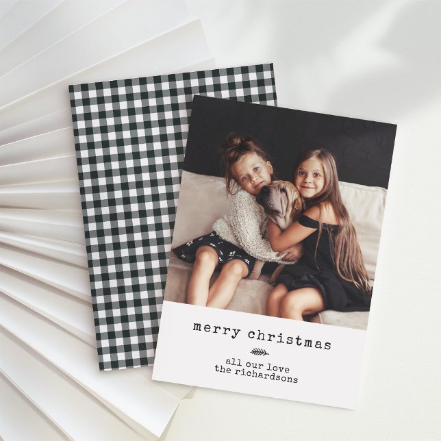 Modern Typewriter | Holiday Photo on Black Gingham Card (Creator Uploaded)