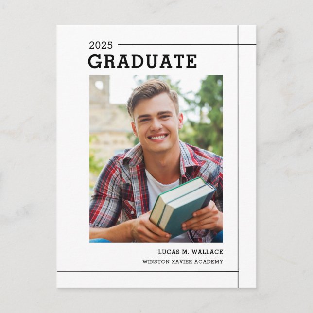 Modern Typewriter Minimal Photo Graduation Party Invitation Postcard (Front)