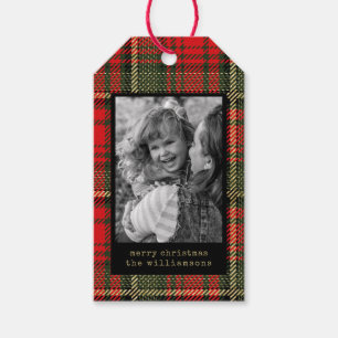 Modern Typewriter Red and Gold Plaid Photo Holiday Gift Tags