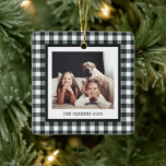 Modern Typewriter | Two Photos on Black Gingham Ceramic Ornament<br><div class="desc">This simple and stylish plaque features you name, year, or any other personal phrase in typewriter text, with two of your favorite personal photos. The background is decorated with a black gingham pattern. You can easily change the text to make it special for a grandma or grandpa, husband or wife,...</div>