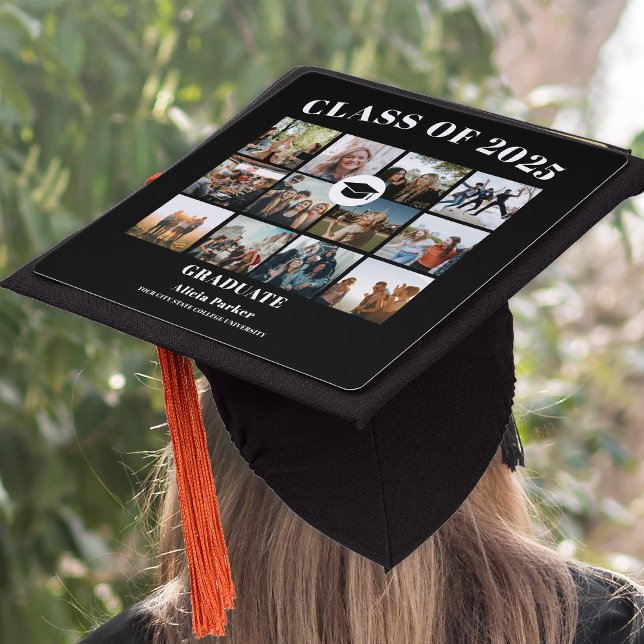 Modern typography 12 photo collage class of 2025 graduation cap topper (Creator Uploaded)