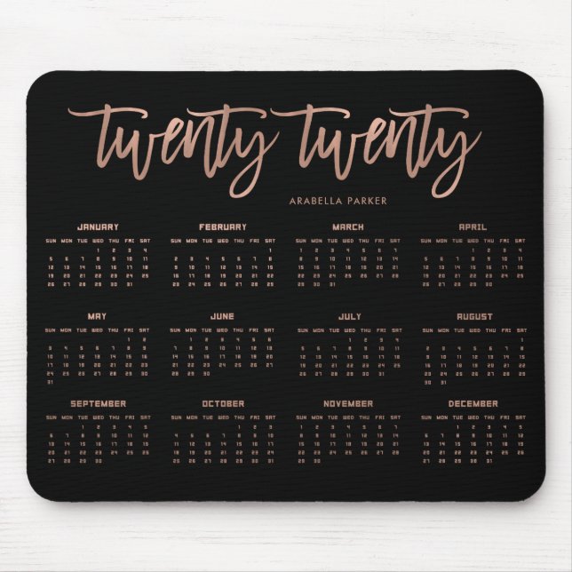 Modern Typography 2020 Calendar | Faux Rose Gold Mouse Pad (Front)
