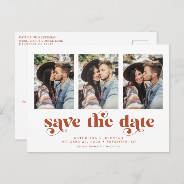 Modern Typography 3 Photo Save the Date Announcement Postcard (Front/Back)