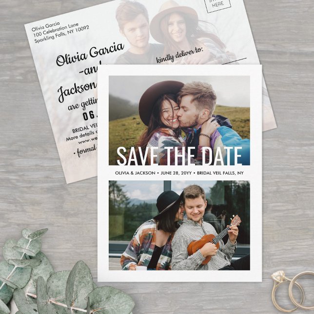 Modern Typography 3 Photo Wedding Save the Date Announcement Postcard (Creator Uploaded)