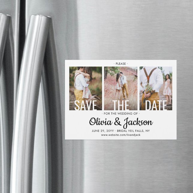 Modern Typography 3 Photo Wedding Save the Date Magnetic Invitation (Creator Uploaded)