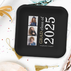 Modern Typography 3 photos Black 2023 Graduation Paper Plate