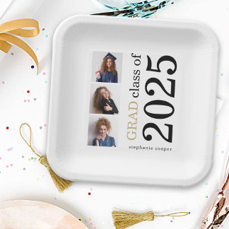 Modern Typography 3 photos White 2025 Graduation Paper Plate