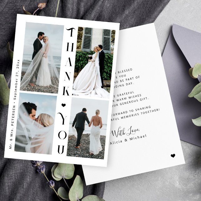 Modern typography 4 photo wedding thank you card (Creator Uploaded)