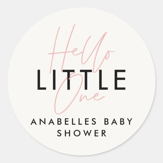 Modern typography baby shower hello little one classic round sticker (Front)