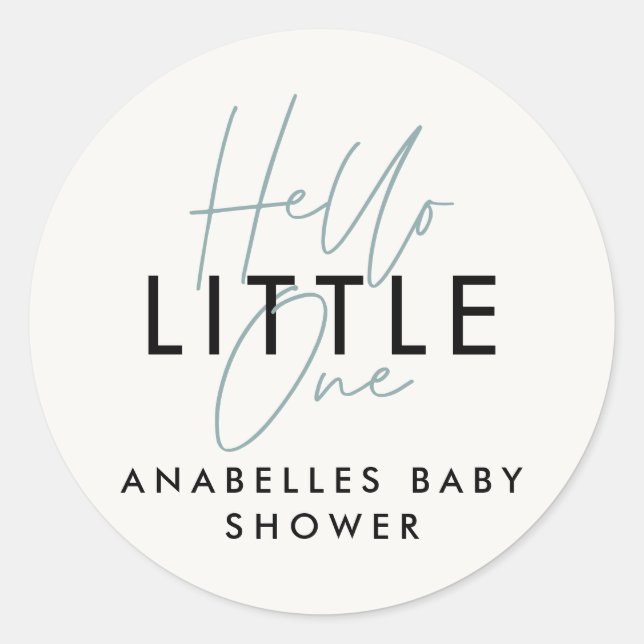 Modern typography baby shower hello little one classic round sticker (Front)