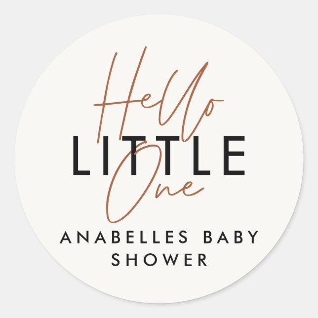 Modern typography baby shower hello little one classic round sticker (Front)