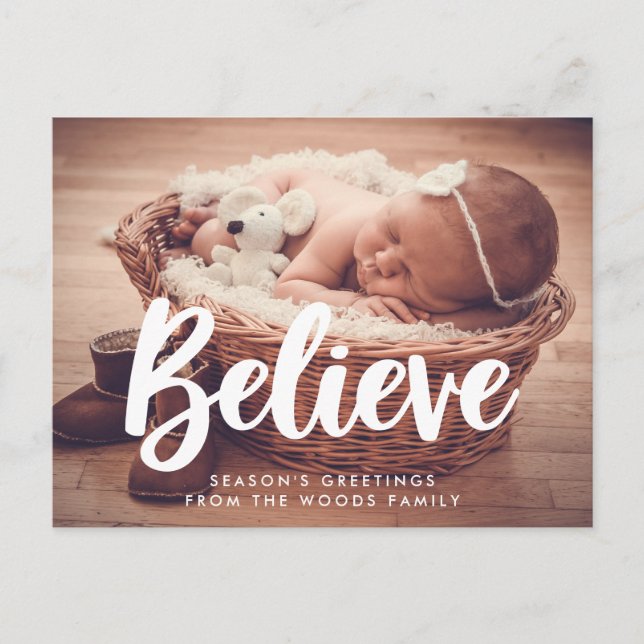 Modern typography Believe Holiday photo Postcard (Front)