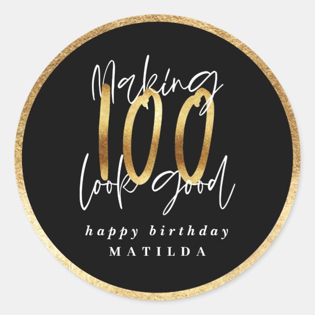 Modern typography black and gold 100th birthday classic round sticker (Front)