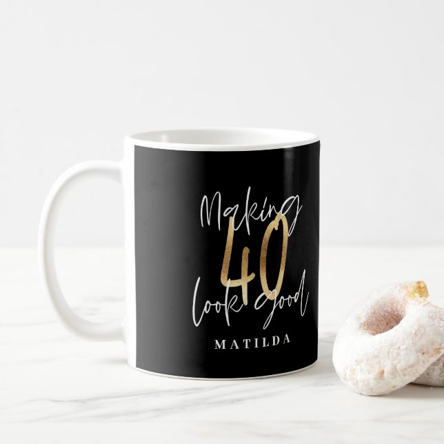 Modern typography black and gold 40th birthday coffee mug (With Donut)