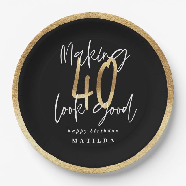 Modern typography black and gold 40th birthday paper plate (Front)