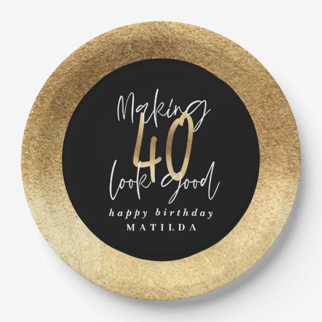 Modern typography black and gold 40th birthday paper plate (Front)