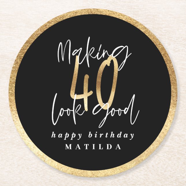 Modern typography black and gold 40th birthday round paper coaster (Front)
