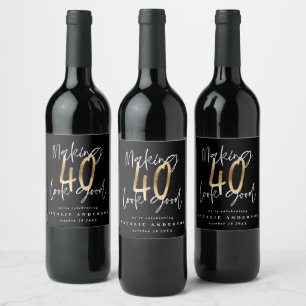 Modern typography black and gold 40th birthday wine label