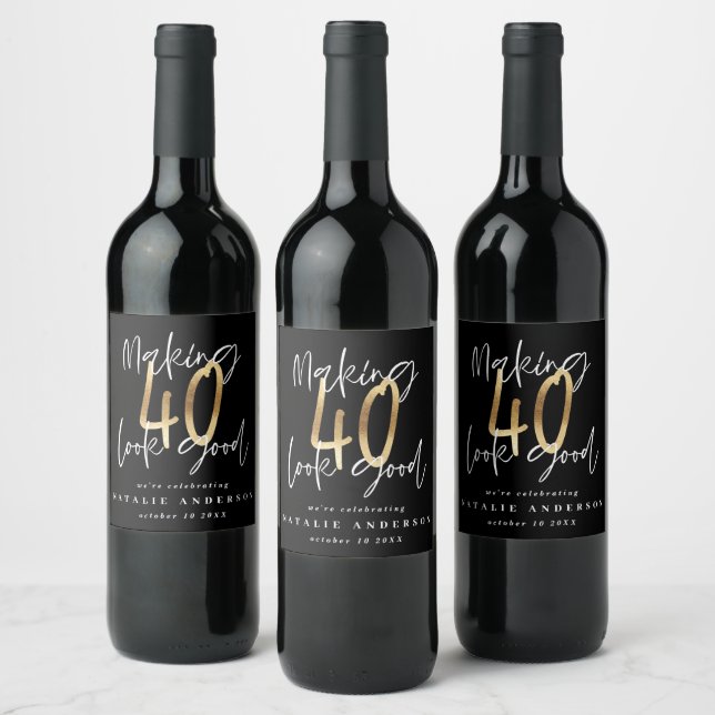 Modern typography black and gold 40th birthday wine label (Bottles)