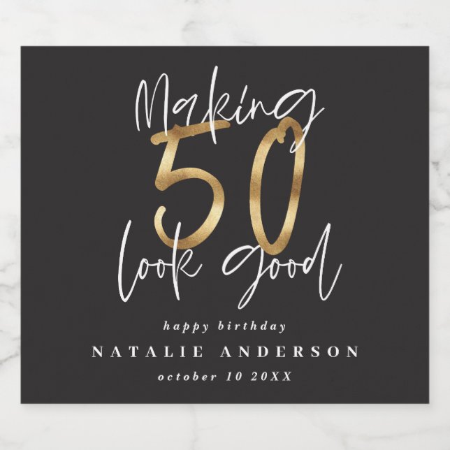 Modern typography black and gold 50th birthday beer bottle label (Single Label)
