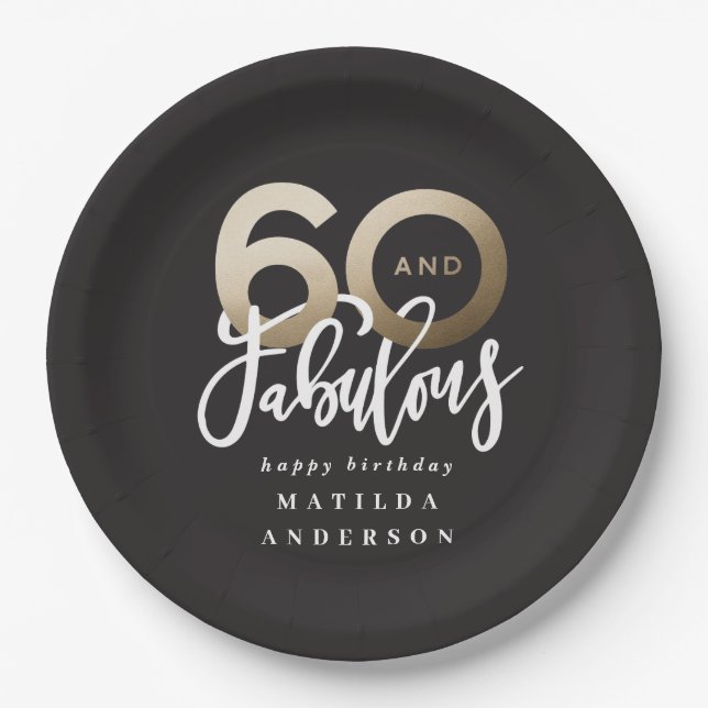 Modern typography black and gold 60th birthday paper plate (Front)