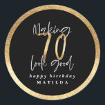 Modern typography black and gold 70th birthday classic round sticker<br><div class="desc">Modern typography black and gold 70th birthday party paper plates</div>