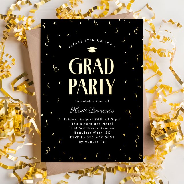 Modern Typography Black and Gold Graduation Party (black and gold foil graduation party invitation with confetti)