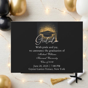 Modern Typography Black Cap Monochrome Graduation  Invitation