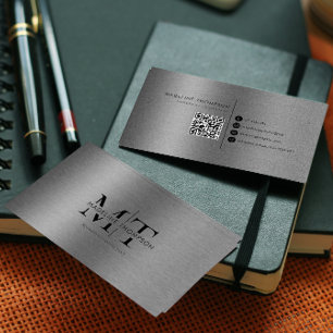 Modern Typography Black Metallic Steel QR Code Business Card