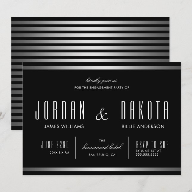 Modern Typography Black & Silver Engagement Party Invitation (Front/Back)