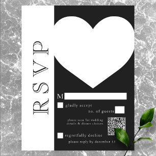 Modern Typography Black White Heart Wedding QR RSVP Card