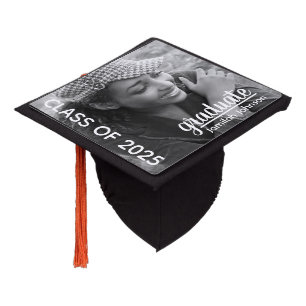 Modern Typography Black White Photo 2025 Graduation Cap Topper