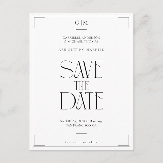 Modern Typography Black White Save The Date Postcard (Front)