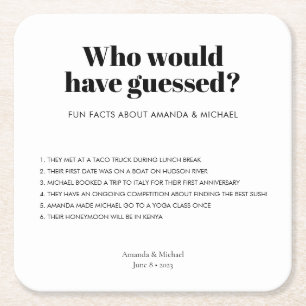 Modern Typography Black White Wedding Fun Facts Square Paper Coaster