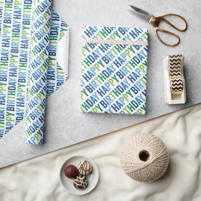 Modern Typography Blue Boys Happy Birthday  Wrapping Paper (Crafts)