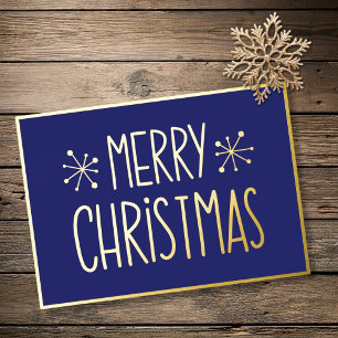 Modern Typography Blue Gold Merry Christmas Foil Holiday Card