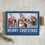 Modern Typography Blue Photo Collage Christmas Holiday Card<br><div class="desc">Merry Christmas! Send your warm wishes this season with this customizable photo collage Christmas card. It features simple typography with a blue background. Personalize by adding your photos,  names,  year and other details. This modern Christmas card is available in other colours and cardstock.</div>