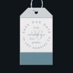 Modern Typography Blue Save The Date Gift Tags<br><div class="desc">Stylish for your Save The Dates, with curved text above and below the month and year of your wedding, which is overlaid upon the day in a large pale blue script in the centre. Your names are placed above and below the date in a stylish script. Coordinating blue borders are...</div>