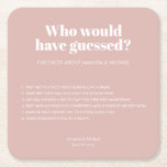 Modern Typography Blush Pink Wedding Fun Facts Square Paper Coaster<br><div class="desc">Who would have guessed these things about the bride and groom? Modern design with bold typography in Blush Pink for these wedding fun facts coasters: Fill in your own names, date and fun facts about your relationship and surprise your wedding guests. Delete the last text box to make room for...</div>