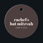 Modern Typography Brown Bat Mitzvah Personalized Favour Tags<br><div class="desc">This personalized bat mitzvah favor tag features a rich brown background with ivory cream typography and a clean, modern layout. Customize the name and date to attach to gift bags, favors, or party keepsakes throughout the celebration. The round shape and neutral palette make it easy to coordinate with matching stationery...</div>